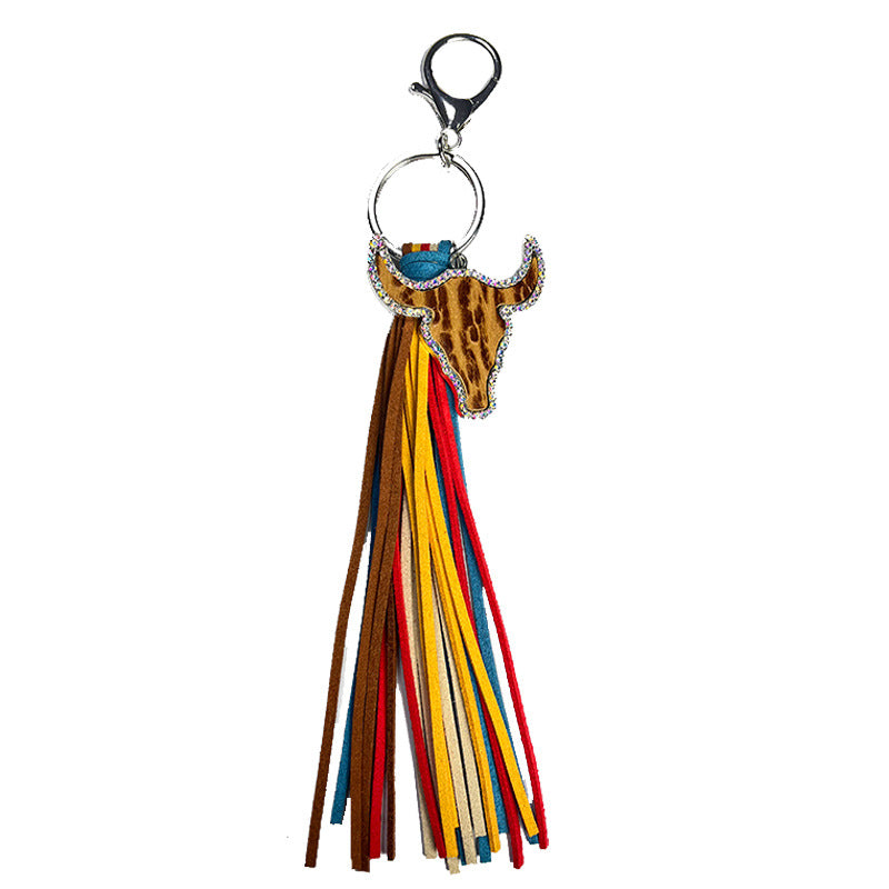 Wholesale 2pcs/pack Leather Bull Head Colorful Tassel Ethnic Style Keychain